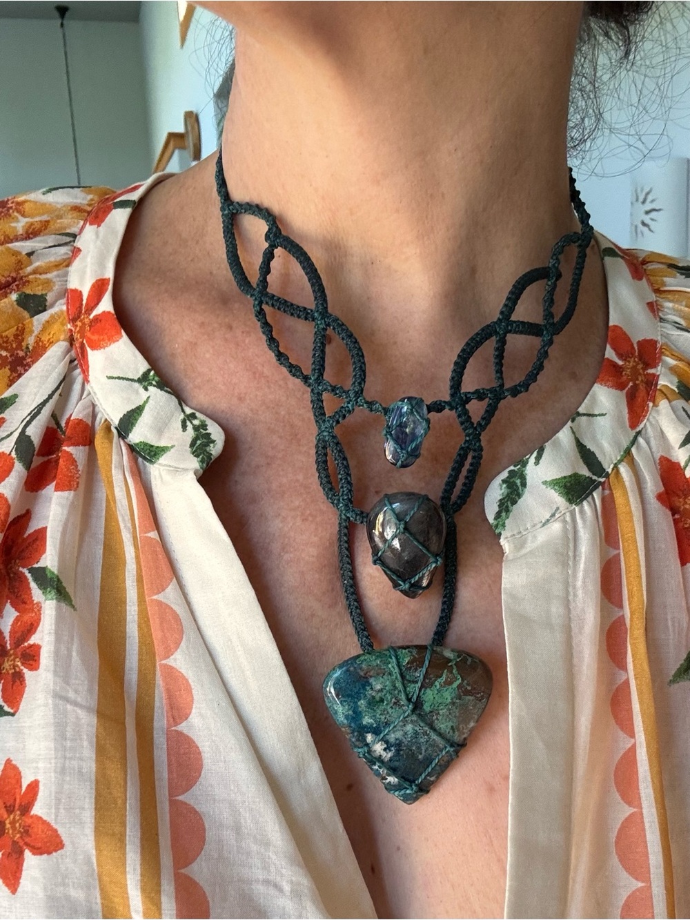 Handmade Dark Teal Macrame Woven Necklace with Turquoise-Green Stone Pendant